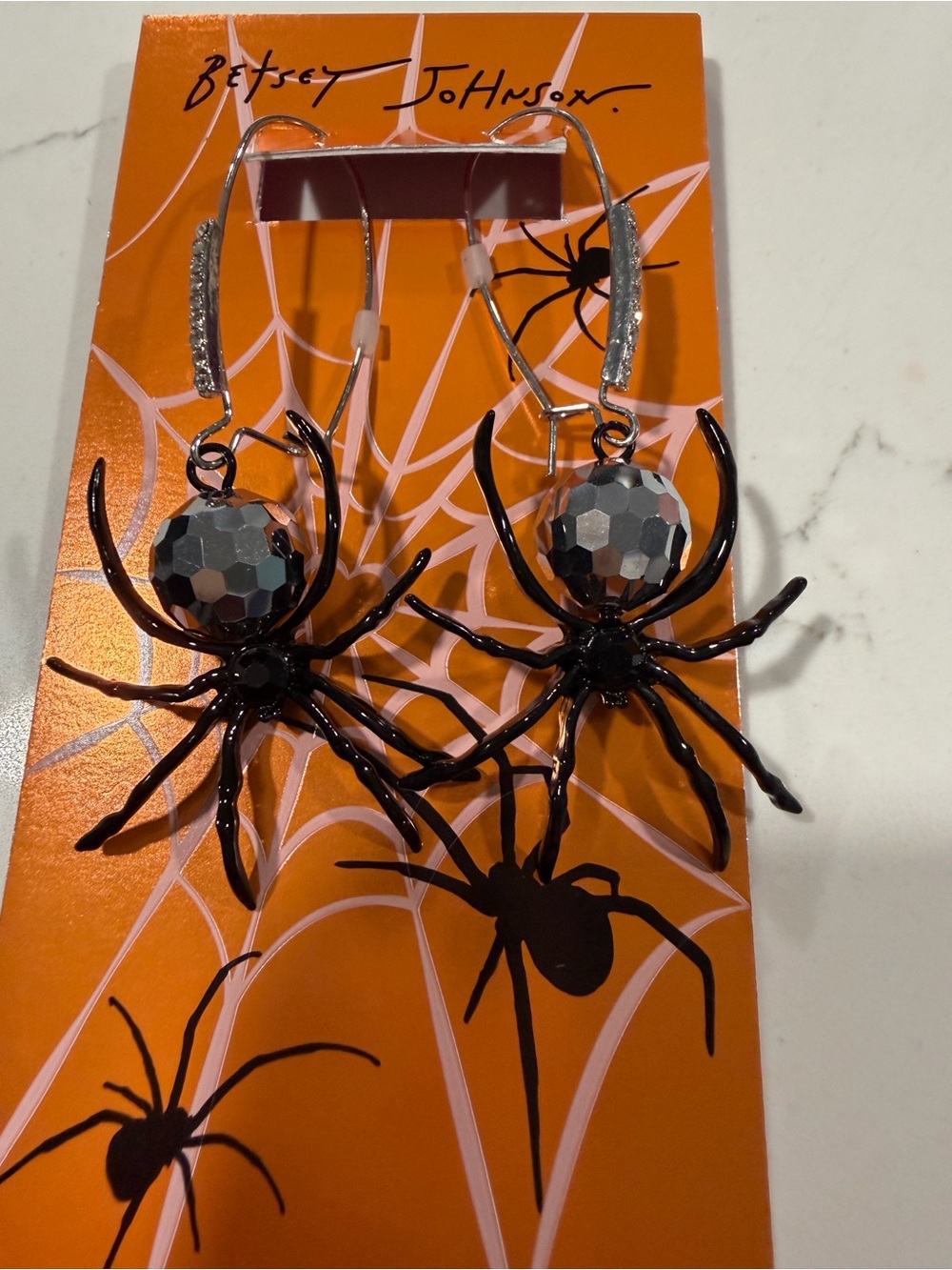 Betsey Johnson Black Spider Dangle Earrings with Silver Faceted Beads